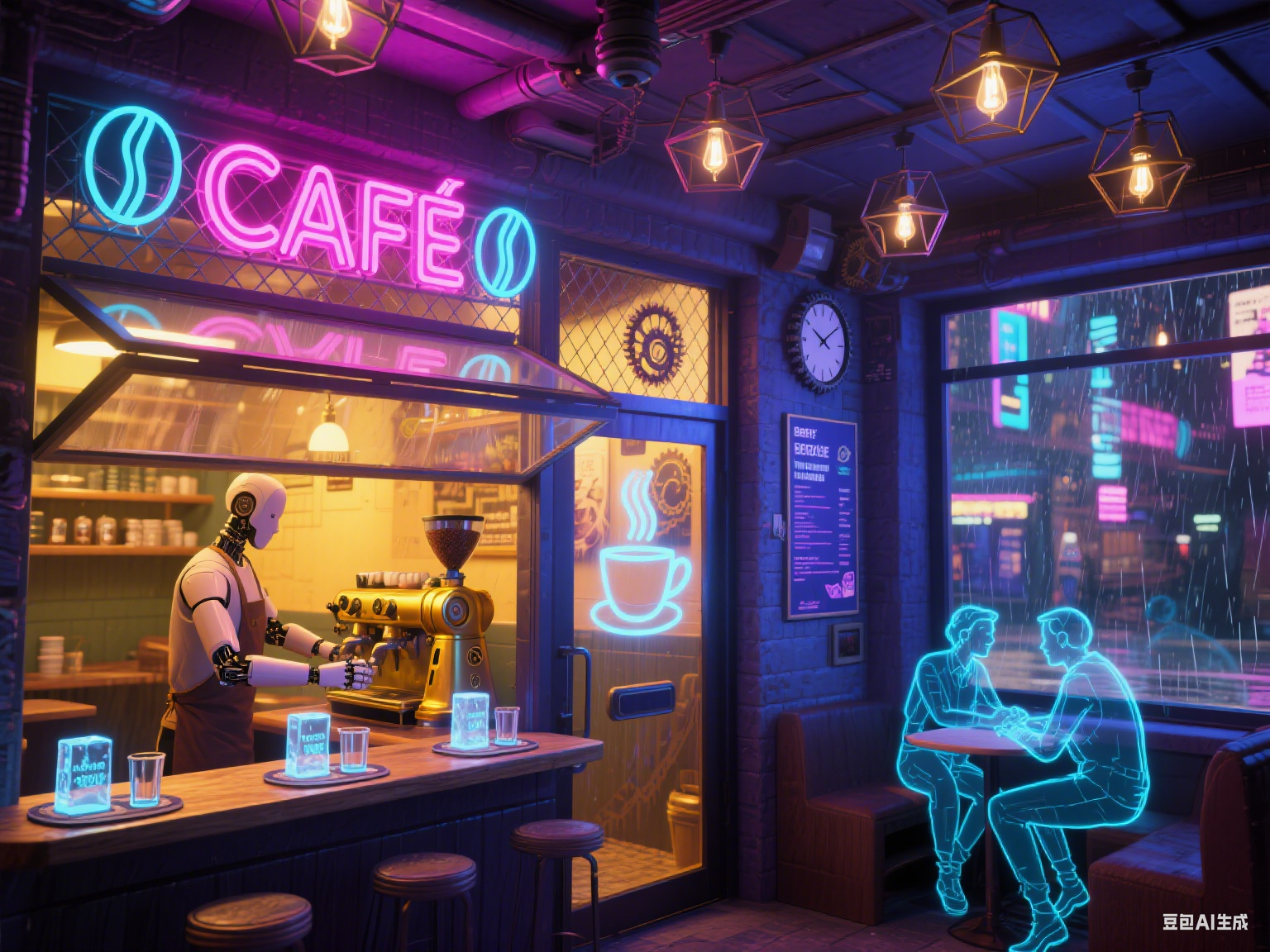  A cozy cyberpunk coffee shop glowing with neon lights, warm atmosphere inside.