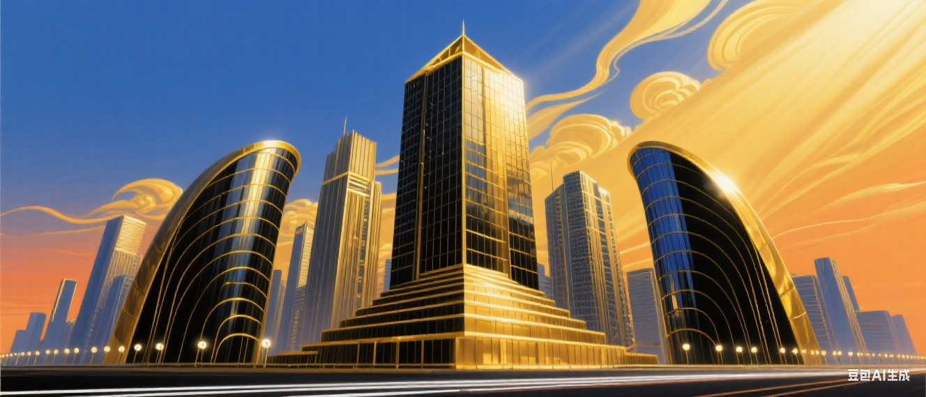 A futuristic art-deco inspired skyscraper skyline, golden sunlight reflecting..