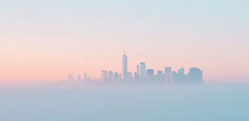 IMAGE: A minimalist pastel city skyline at sunset, soft tones, dreamy Instagram aesthetic
