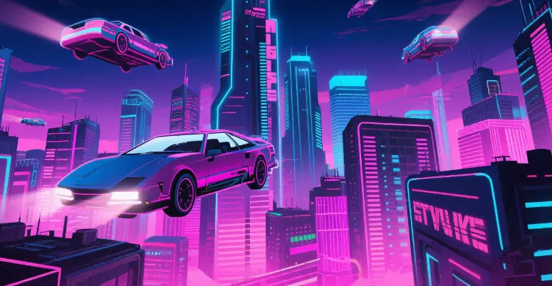 IMAGE: A neon-lit futuristic skyline with flying cars, designed in synthwave poster style.