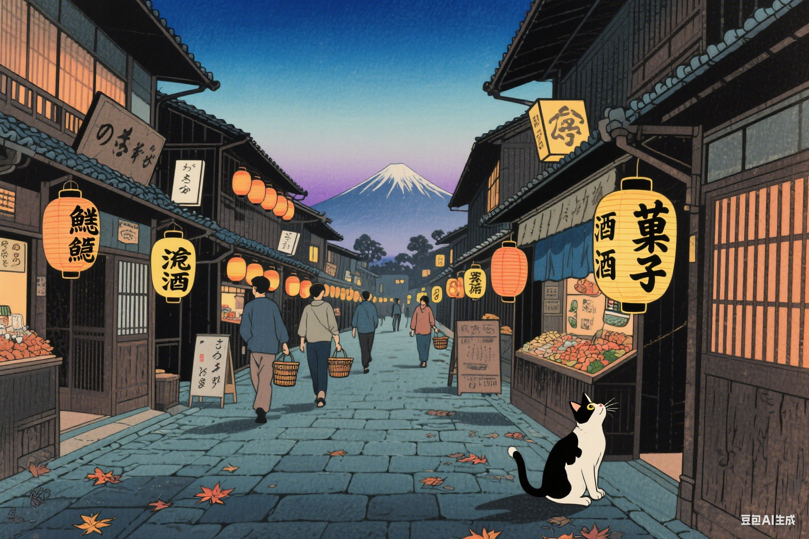 A traditional ukiyo-e style illustration of a Japanese street market with merchants and lanterns.