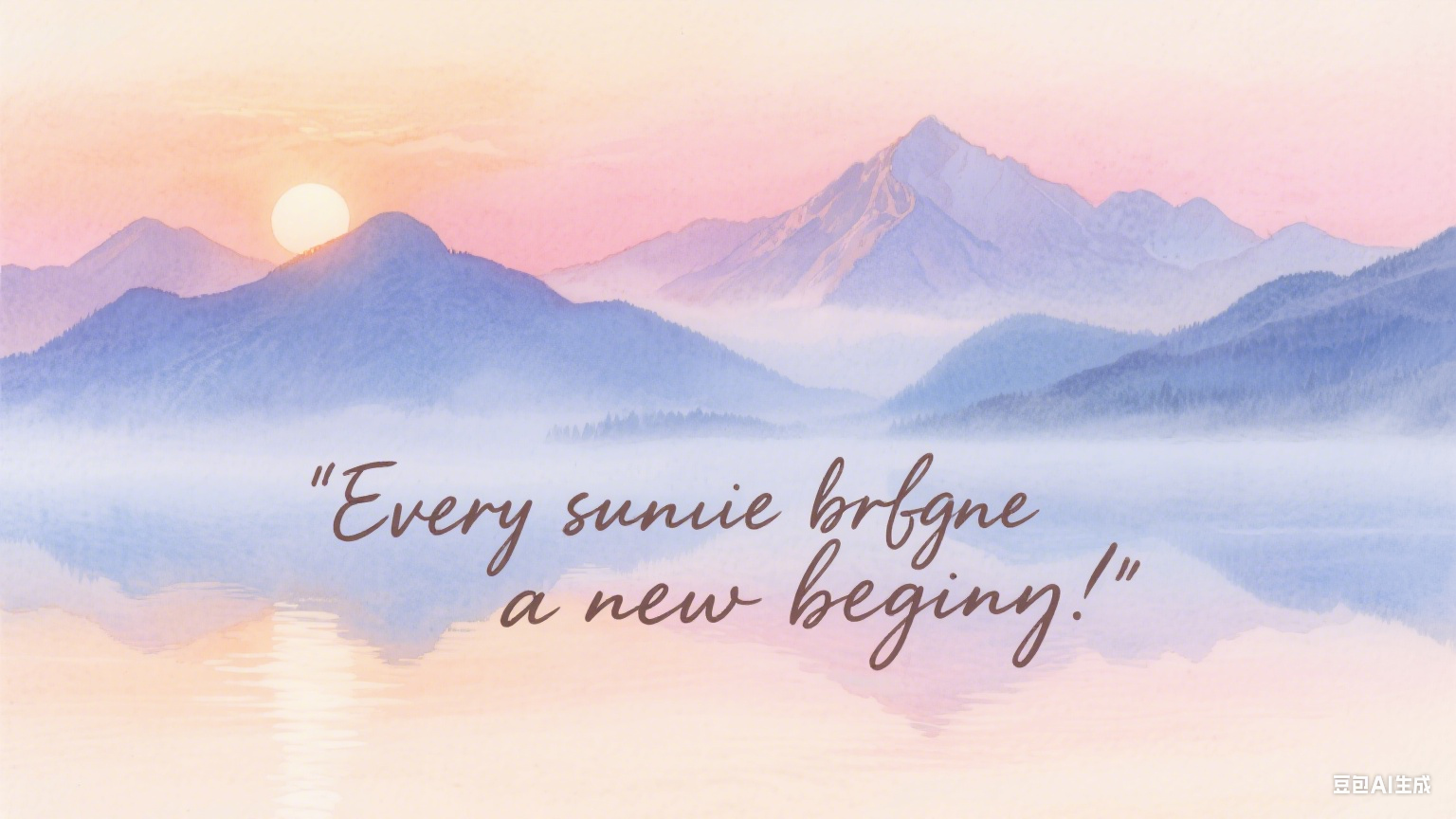 A motivational quote overlaid on a watercolor mountain sunrise, soft pastel tones.