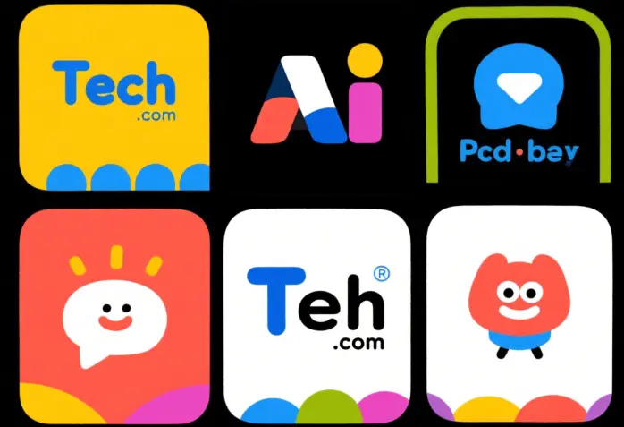 AI-generated collection of playful tech company logos, flat design, bold colors, white background