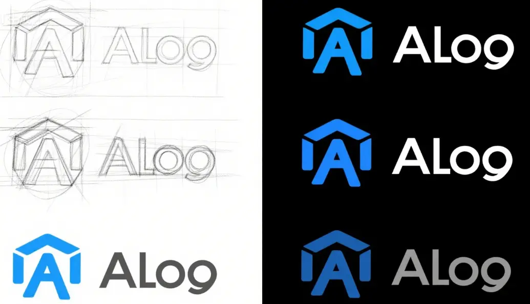 series of AI logo iterations showing development from rough draft to polished version, side-by-side comparison