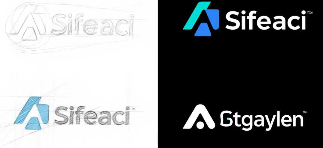side-by-side comparison of AI-generated logo iterations, showing process from rough sketches to polished final version