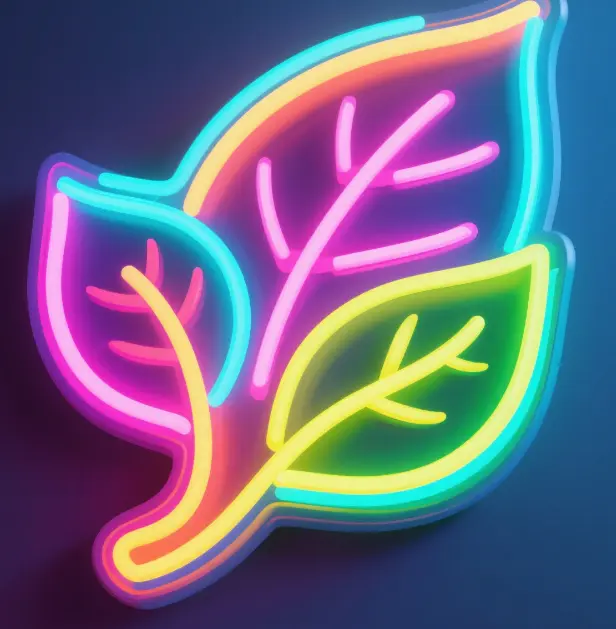 AI-generated logo combining retro neon style with eco-friendly leaf motif, colorful and modern