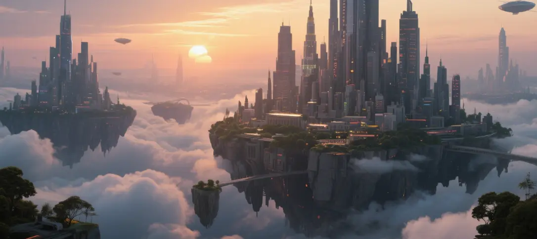 AI-generated floating city with clouds and sunset