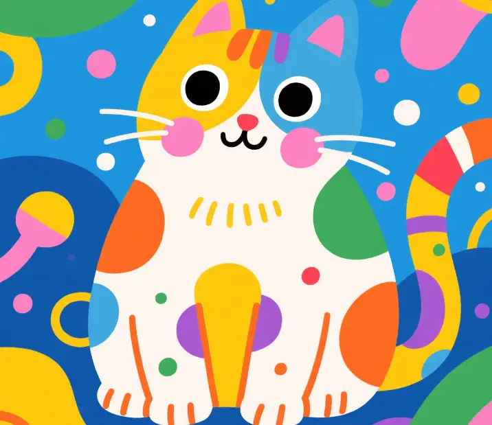Final colorful cat illustration with playful atmosphere