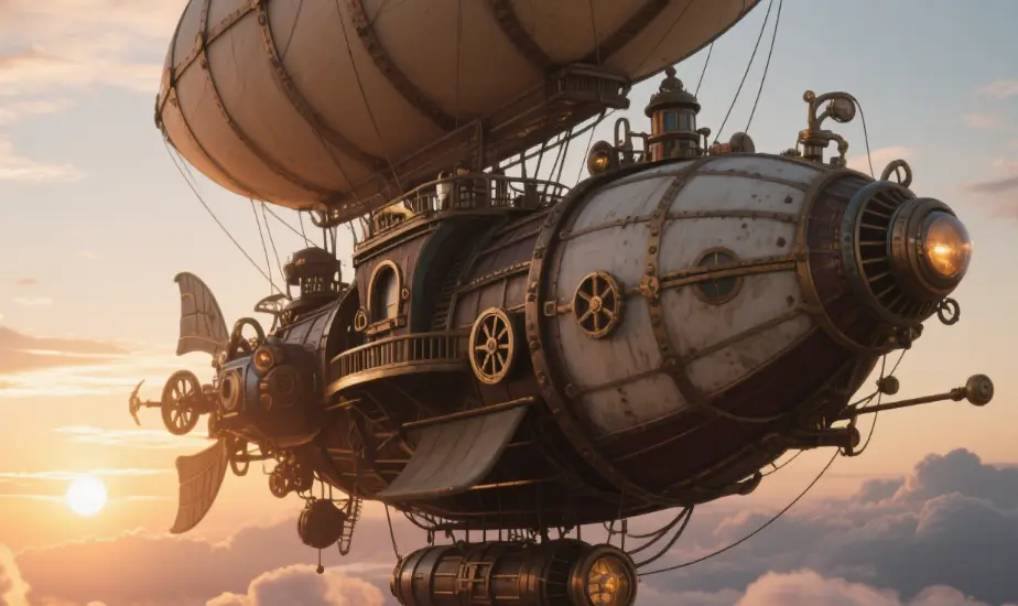 AI-generated steampunk airship with clouds and sunset