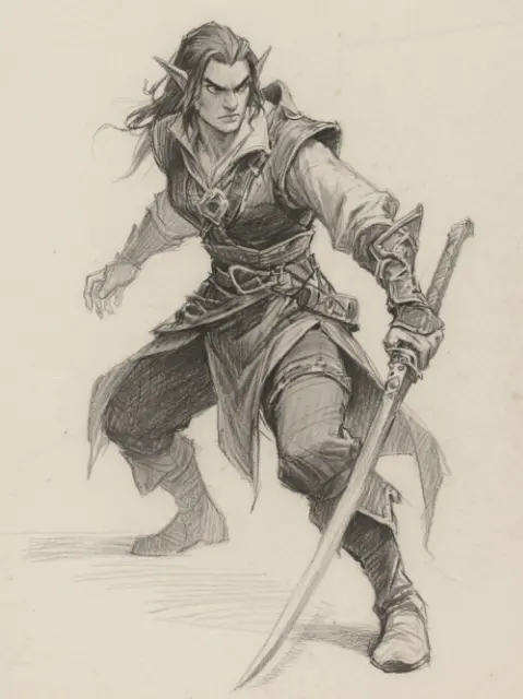 pencil character sketches, expressive faces, fantasy rogue, dynamic poses, soft pencil textures