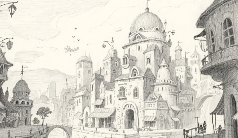 pencil sketch of a whimsical cityscape, soft shading, intricate details, concept art style"