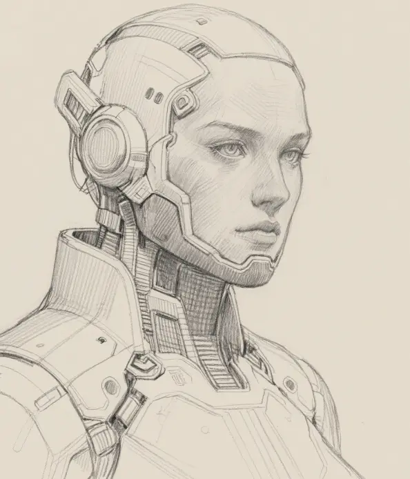 hand-drawn pencil sketches of futuristic characters, high detail, soft shading, concept art style