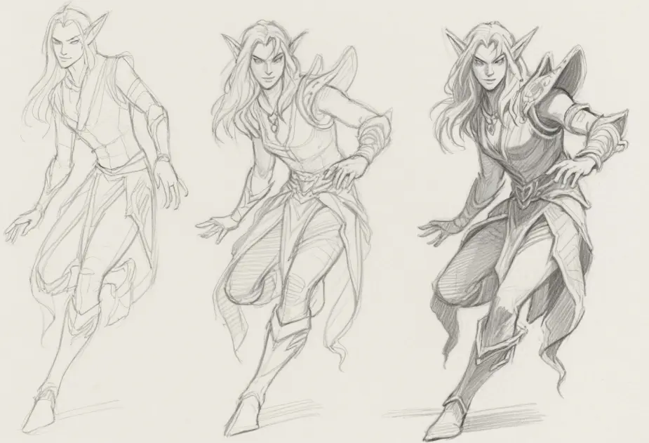step-by-step pencil sketch iterations of a fantasy character, dynamic poses, expressive features, soft shading