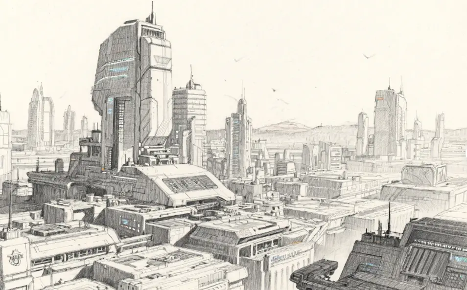 detailed pencil sketch of a sci-fi cityscape, soft textures, layered depth, concept art