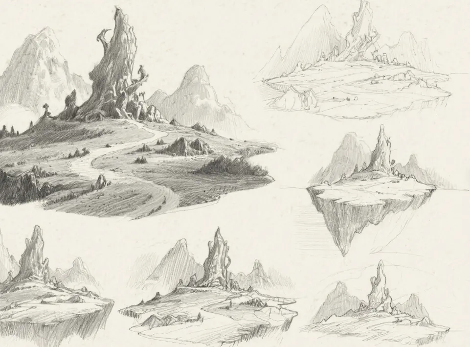 step-by-step sketch iterations of a fantasy landscape, pencil texture, subtle shading, artbook style